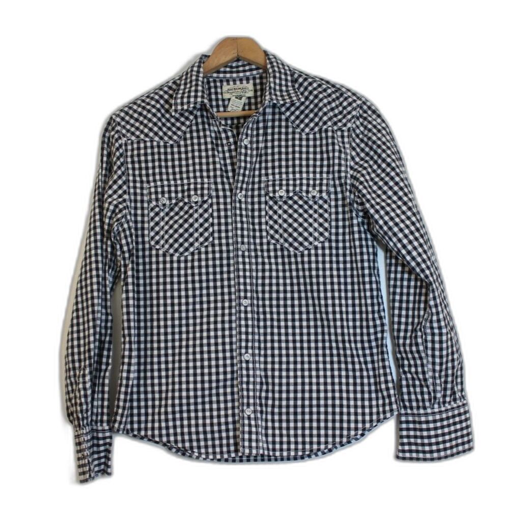 American Rag Black White Check Snap Front Shirt Men's Small Western 2 Pocket